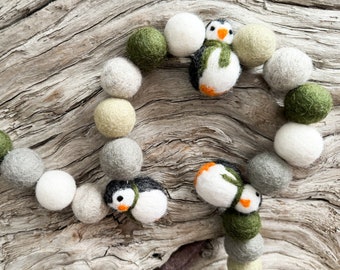 Evergreen Ombre Mini Penguin Christmas Winter Garland | Wool Felt Ball | FREE USA SHIPPING | Felt Ball Garland | Pom Pom | Holiday Bunting