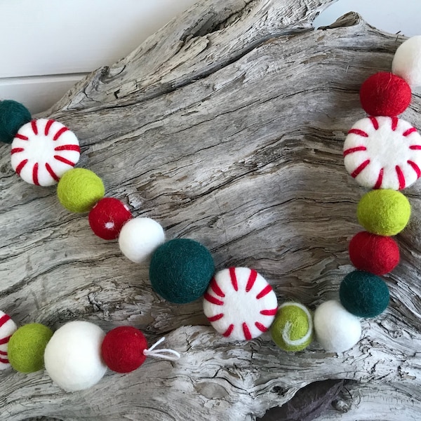 Blue Spruce Peppermint Christmas Garland | Wool Felt Ball | FREE USA SHIPPING | Felt Ball Garland | Pom Pom | Polka Dot Swirl | Bunting