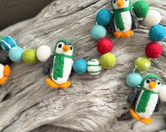 Holly Dazzle Penguin Christmas Scarf Winter Garland | Wool Felt Ball | FREE USA SHIPPING | Felt Ball Garland | Felt Penguin