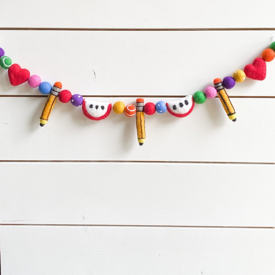 Pencil Apple Rainbow Heart Felt Ball Garland - Pom Pom - FREE SHIPPING ...
