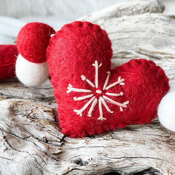 Red Nordic Stitched Heart Valentine Garland | Wool Felt Ball | FREE USA SHIPPING | Felt Ball Garland | Pom Pom | Valentine Bunting