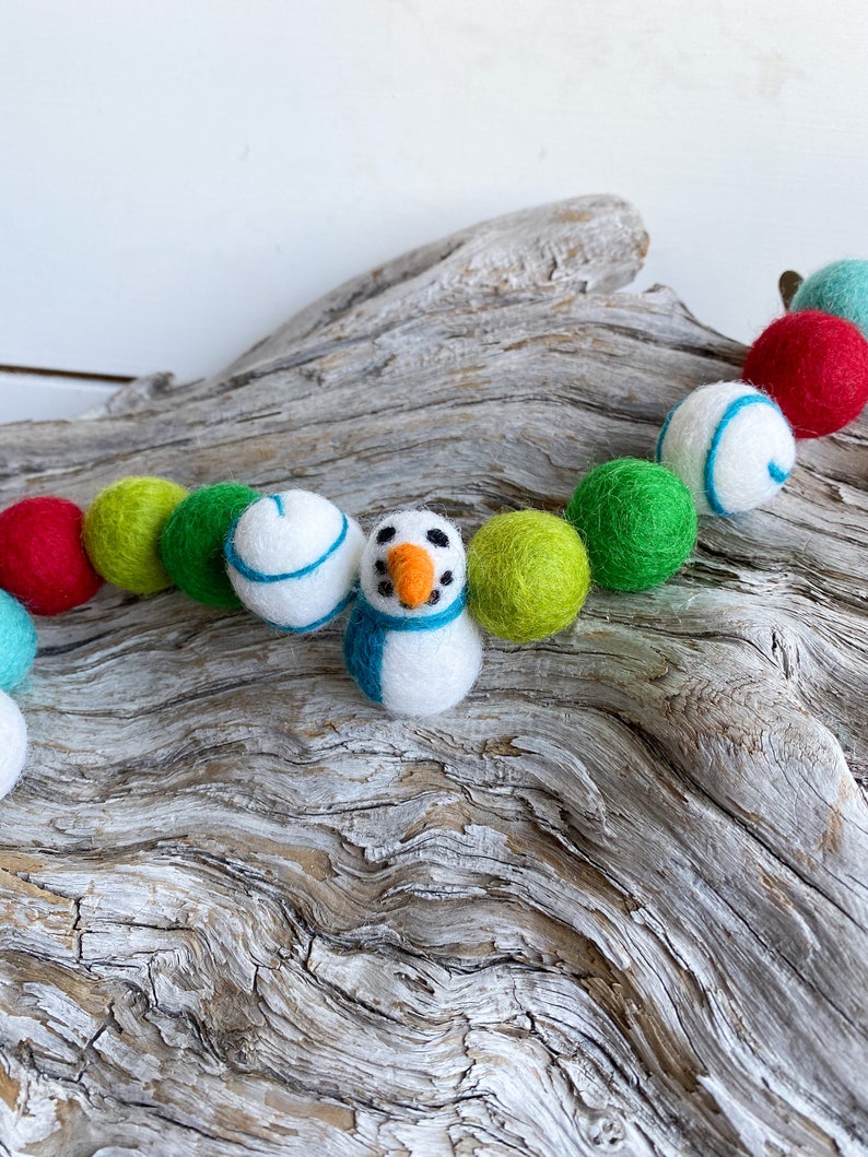 Holly Dazzle Mini Snowman Christmas Winter Garland Wool Felt Ball FREE USA Shipping Felt Ball Garland Pom Pom image 1