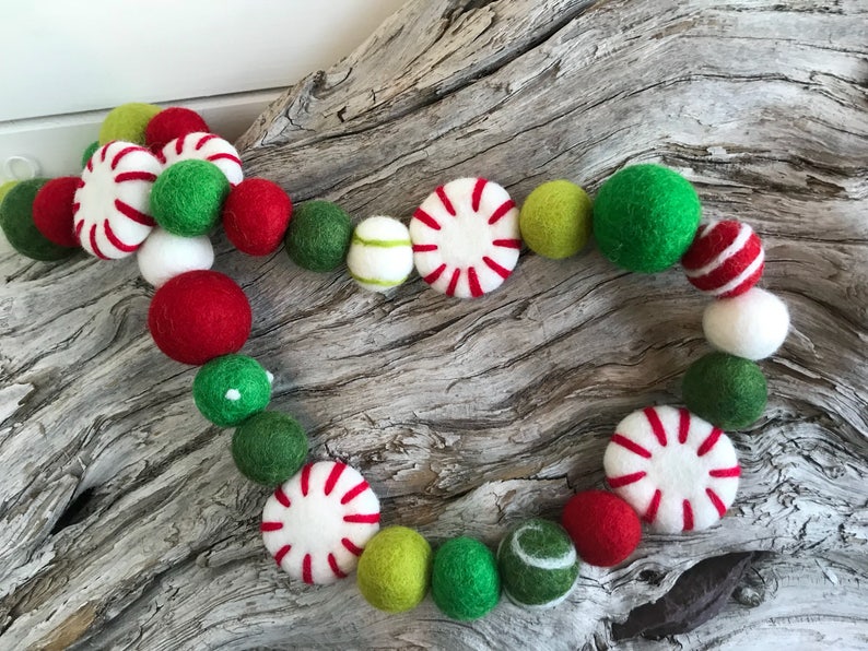 Hip Evergreen Peppermint Christmas Garland Wool Felt Ball FREE USA SHIPPING Felt Ball Garland Pom Pom Polka Dot Swirl Bunting image 4