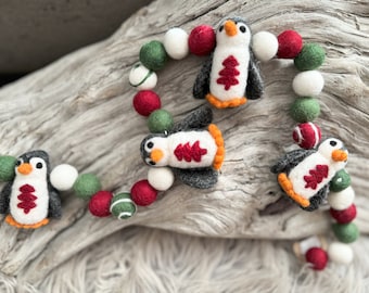 Muted Christmas Tree Sweater Penguin Christmas Winter Garland | Wool Felt Ball | FREE USA SHIPPING | Felt Ball Garland | Felt Penguin