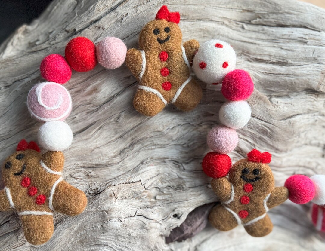 Sweet Candy Gingerbread Christmas Winter Felt Ball Garland | Felted ...