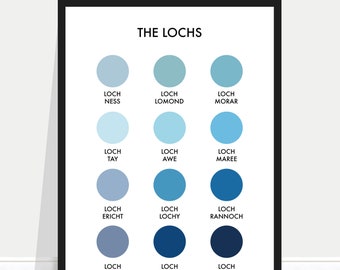 Lochs Print / Lochs Paint Chart / Lochs Blue Colour Chart / Loch Ness Print / Loch Lomond Print / Scotland Print / Scotland Gift / Holiday