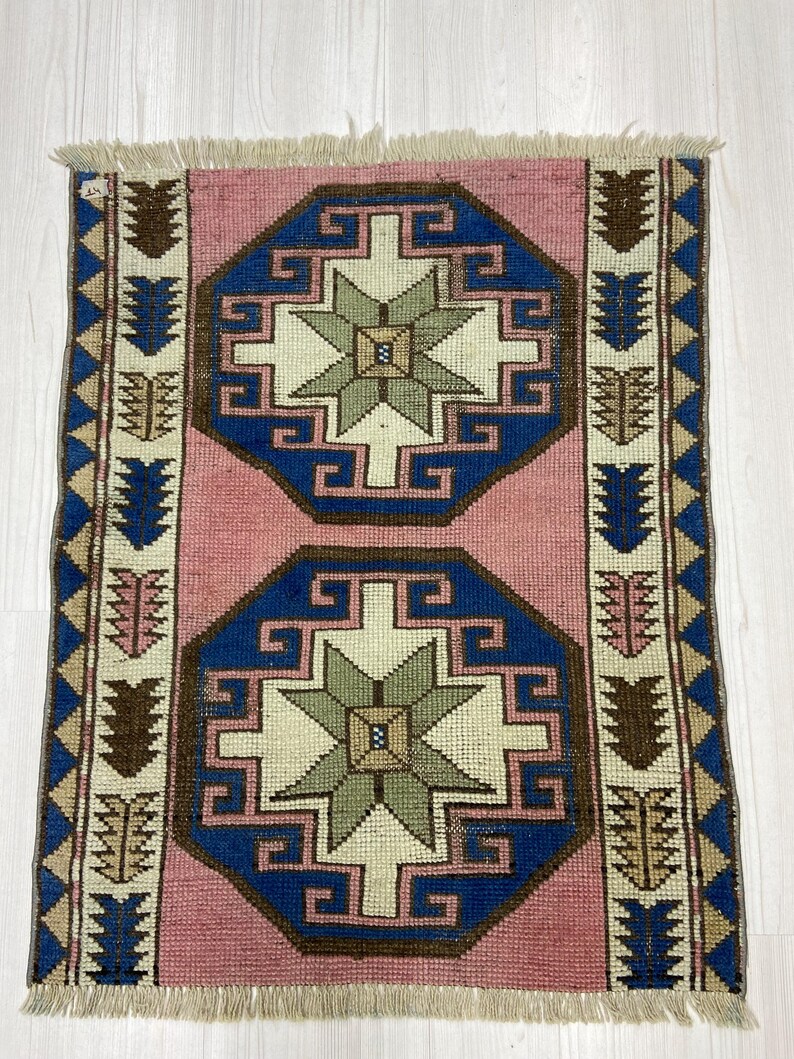 Handwoven Turkish Wool Rug – Pink Blue Star Medallion Geometric Boho ...