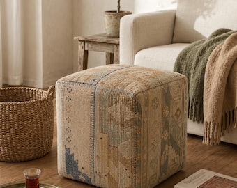 Handmade Vintage Turkish Kilim Pouf Ottoman, Beige Anatolian Floor Cushion