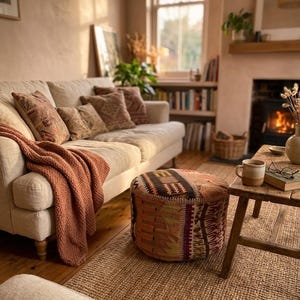 Funda de puf Kilim de patchwork hecha a mano - Otomana vintage bohemia de 45 x 30 cm