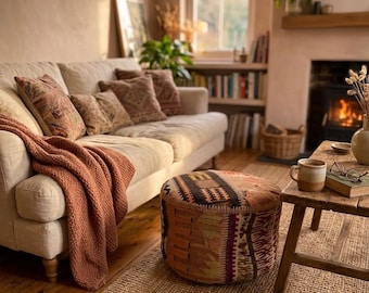 Funda de puf Kilim de patchwork hecha a mano - Otomana vintage bohemia de 45 x 30 cm