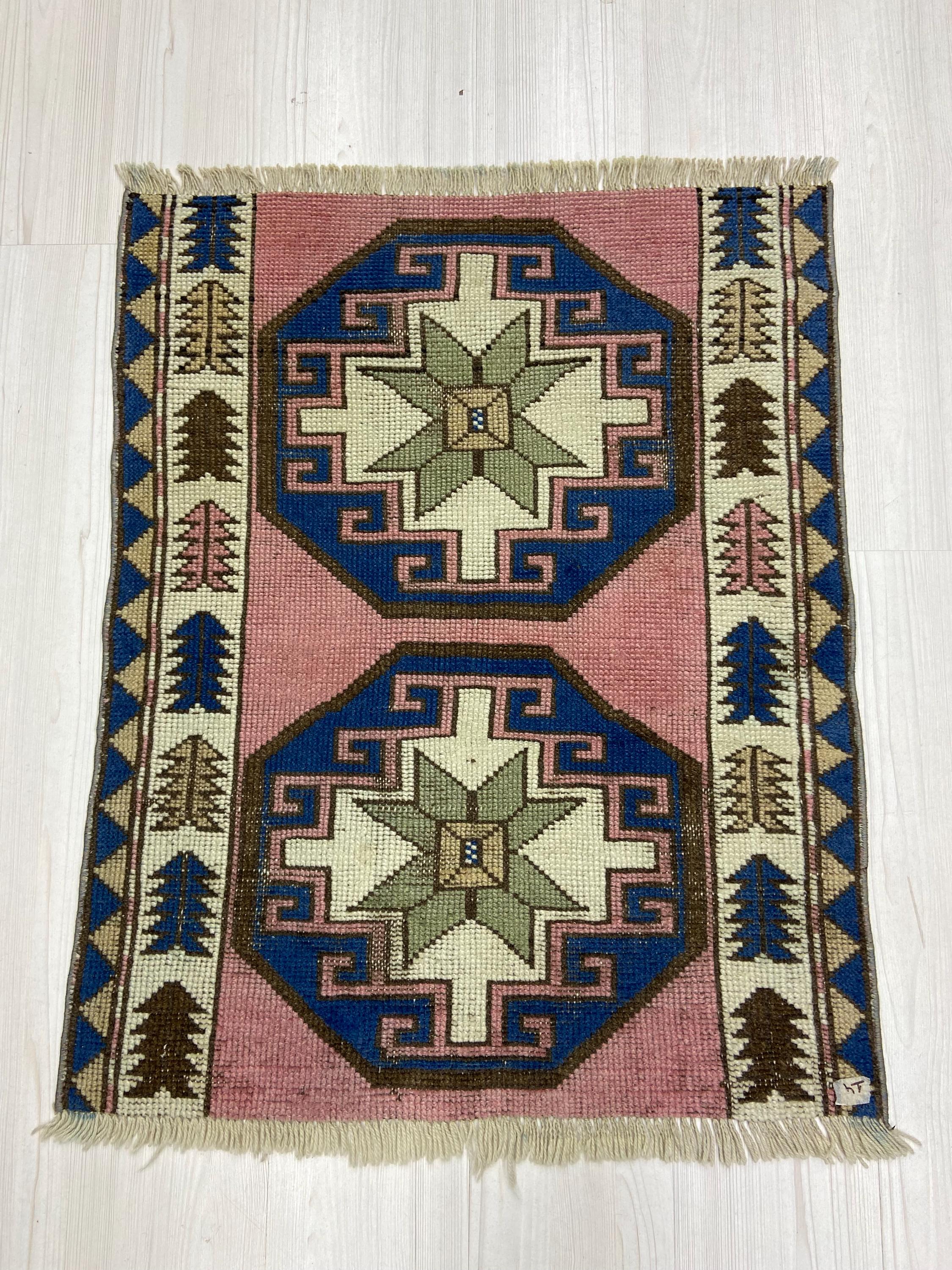 Handwoven Turkish Wool Rug – Pink Blue Star Medallion Geometric Boho ...