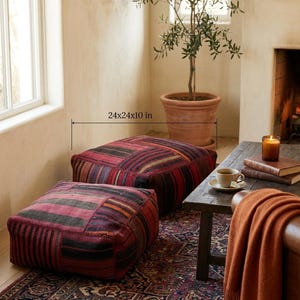 Vintage Kilim Pouf Cover – Handwoven Patchwork Ottoman, Boho Home Decor (24x24x10 inches)
