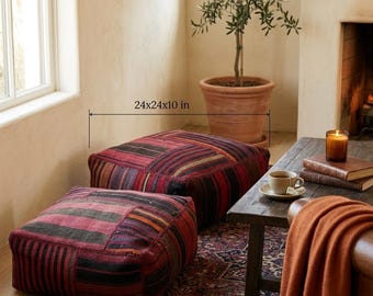 Vintage Kilim Pouf Cover – Handwoven Patchwork Ottoman, Boho Home Decor (24x24x10 inches)