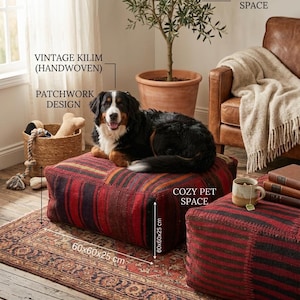 Handwoven Vintage Kilim Patchwork Pet Bed Cover – Boho Ottoman Pouf