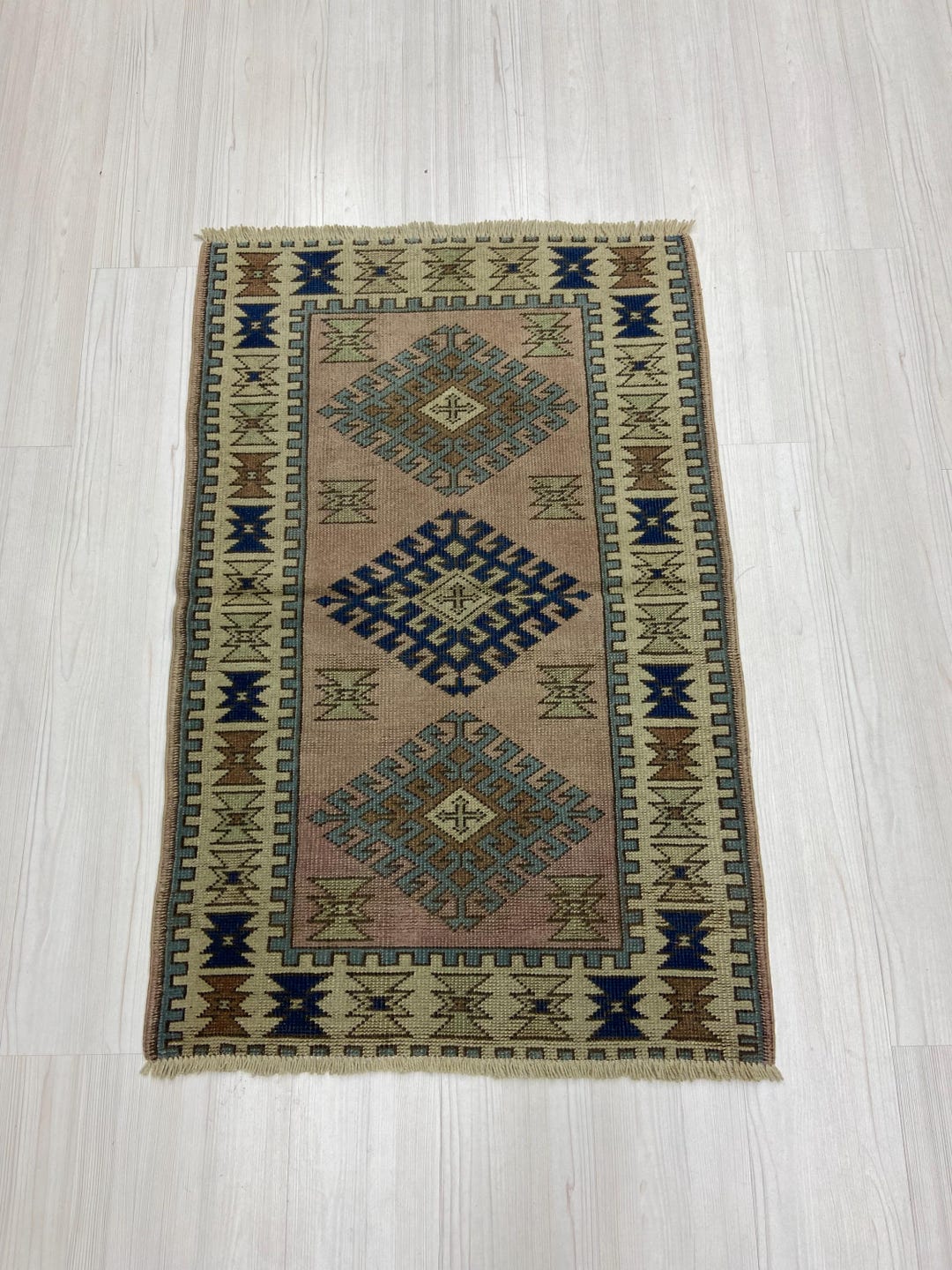 Vintage Hand-knotted Wool Rug – Geometric Diamond Tribal Design, Navy ...