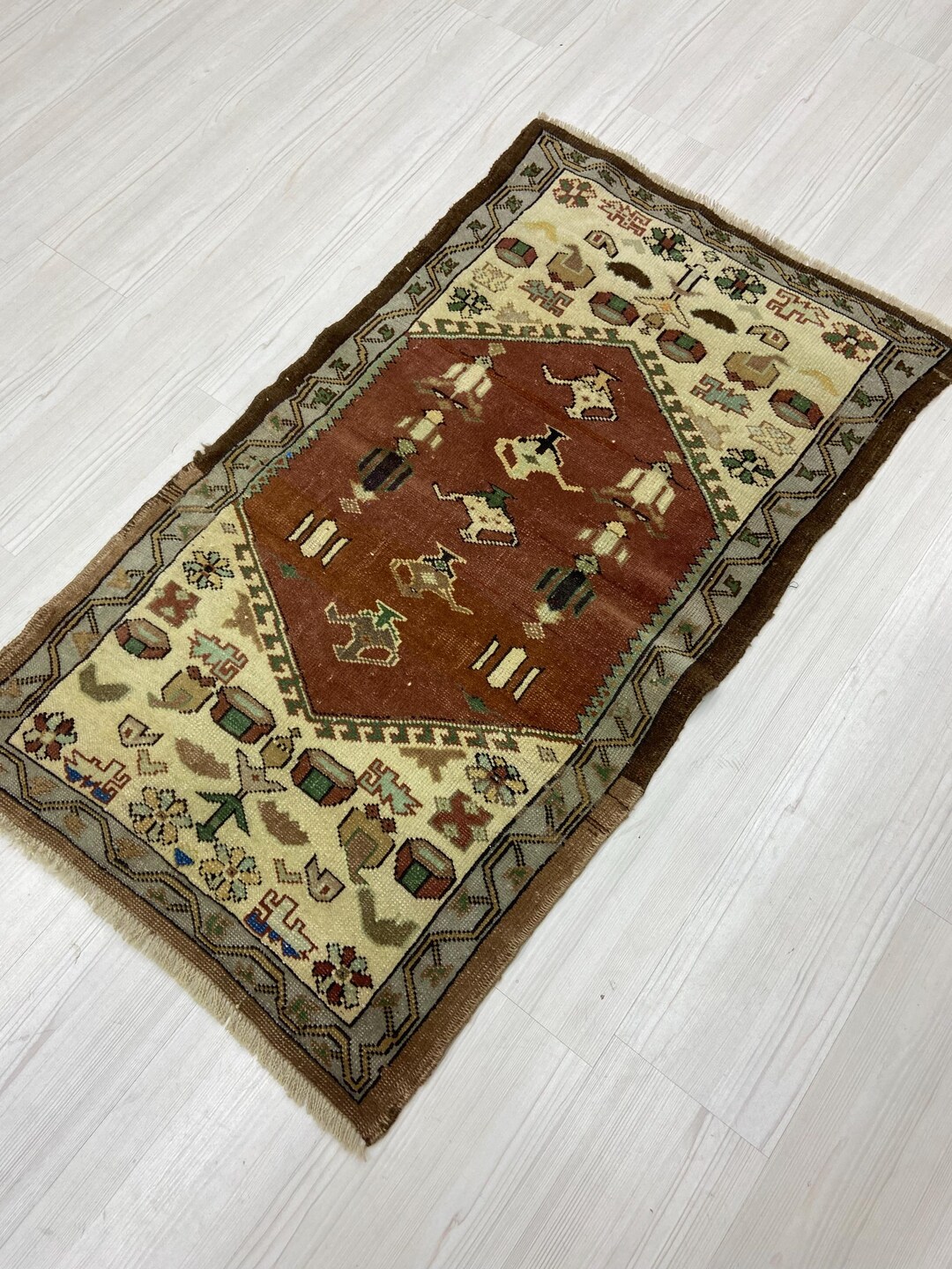 Handwoven Anatolian Rug – Vintage Pitcher Motif Runner, Rust Red ...