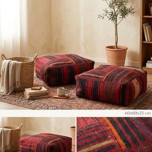 Patchwork Kilim Floor Cushion Cover, Rustic Wool Ottoman, 24x24 Inch Seating (Cover Only)