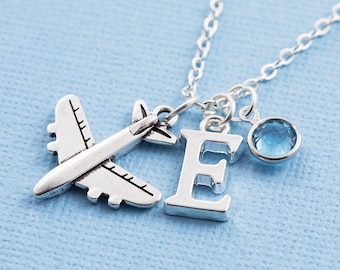 Handmade Personalised Initial Silver Aeroplane Plane Travel Necklace with Personalised Coloured Gem