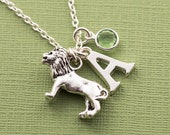 Personalized lion necklace, lion jewelry, august birthday gift, initial necklace, swarovski birthstone, gift for leo, birthstone necklace