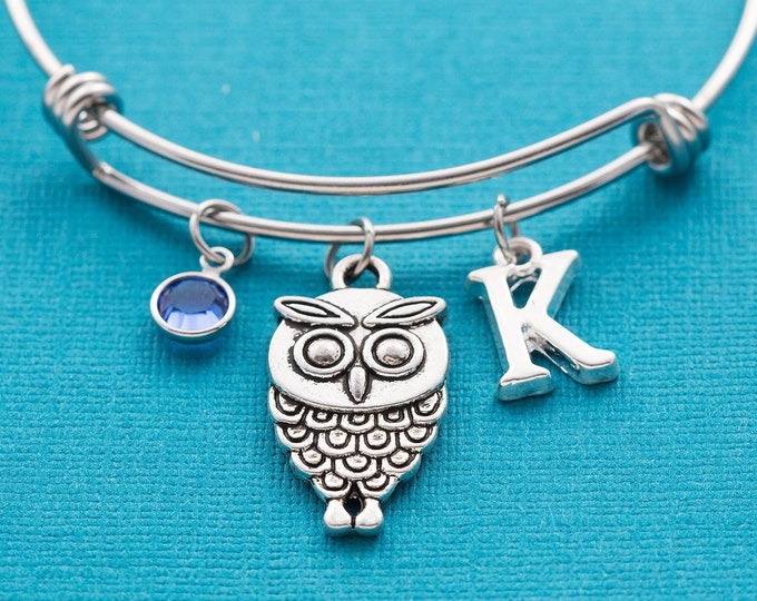 Personalized Owl Bracelet, Hypoallergenic Steel Bangle, Owl Jewelry, Personalized Owl Gift