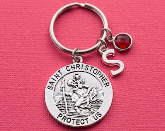 Personalized St Christopher keychain, St Christopher keyring, saint christopher, initial keychain, birthstone keychain, gift for traveller