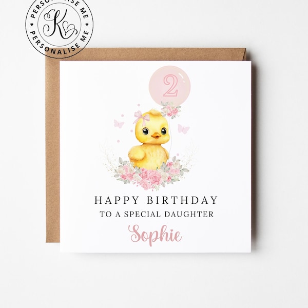 Personalised 2nd birthday card for girls rubber duck ducky any name relation daughter granddaughter niece sister