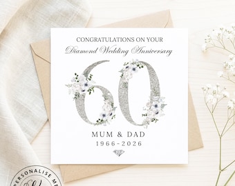 Personalised diamond 60th wedding anniversary card, 60 years married, any names relations, mum & dad, grandparents, friends, greetings card