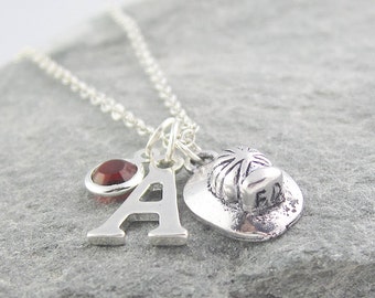 Firefighter helmet necklace, personalized jewelry, swarovski birthstone, initial necklace, sikver chain, fireman helmet, firefighter gift