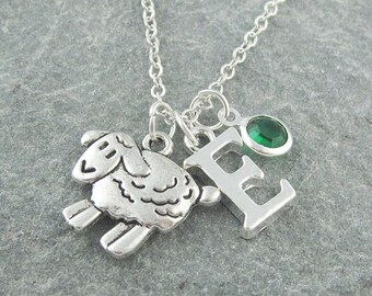 Sheep pendant, initial necklace, birthstone necklace, personalized jewelry, birthstone necklace, sheep necklace, farm animal, welsh, wales