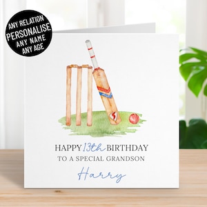 Carte personnalisée joyeux anniversaire de cricket pour hommes lui, tout âge 13-16 18 21, sport de cricket, toute relation fils petit-fils neveu frère