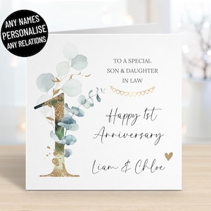 Tarjeta de primer aniversario de bodas personalizada en papel, 1 año de casados, cualquier nombre y parentesco, hijo, nuera, nieto y nieta.