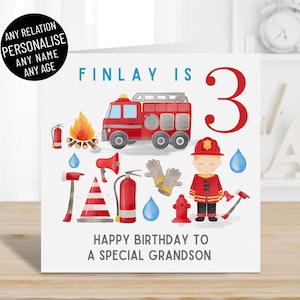 Cartão de aniversário personalizado de bombeiro para meninos, qualquer idade e nome, filhos, qualquer parentesco, 2º, 3º, 4º e 5º ano, cartão de bombeiro com caminhão de bombeiros
