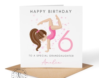 May include: A square birthday greeting card featuring the text HAPPY BIRTHDAY TO A SPECIAL GRANDDAUGHTER and the name Amelia. The card displays a cartoon gymnast in a pink leotard performing a handstand, surrounded by pink stars and a large pink number 6.