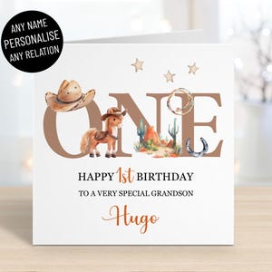 Carte de 1er anniversaire de cow-boy personnalisée pour garçons, tous les noms et parents, un an, fils, petit-fils, neveu, frère, rodéo western, carte de voeux