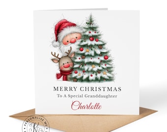 Tarjeta de Navidad personalizada de Papá Noel, árbol de Navidad y renos para niñas, niños, cualquier pariente, hijo, nieto, hija, nieta