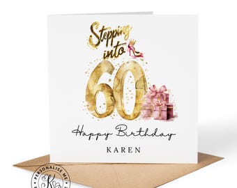 Tarjeta de cumpleaños personalizada para mujeres que cumplen 60 años, con cualquier nombre o parentesco: amiga, hermana, prima, abuela, mamá.