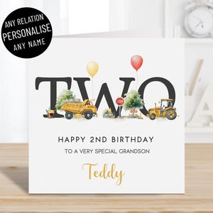 Cartão de aniversário de 2 anos personalizado para escavadeira de construção para meninos, qualquer nome, filhos, qualquer parentesco, filho, neto, sobrinho, idade 2, dois anos
