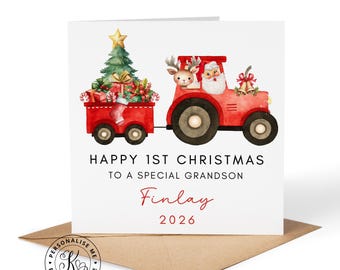 Tarjeta de Navidad personalizada con tractor rojo para niñas o niños unisex, cualquier parentesco, nombre, hijo, hija, nieto, nieta, tarjeta de granja.