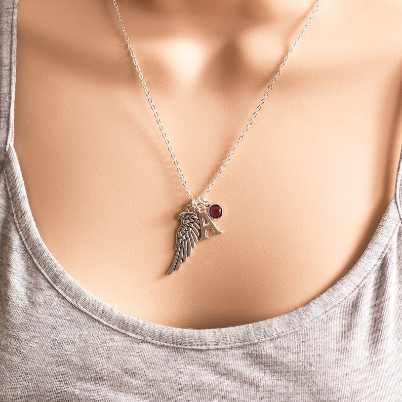 birthstone necklace initial necklace personalized jewelry gift for her Personalized angel wing necklace memorial jewelry bereavement