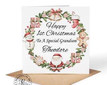 Tarjeta de Navidad personalizada para niñas o niños unisex con diseño de Papá Noel, muñeco de nieve y calcetín de jengibre, cualquier nombre de parentesco (hijo/hija).