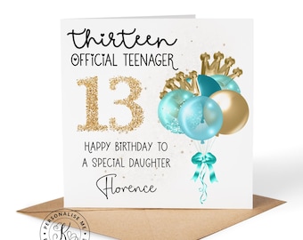 Personalised 13th birthday card for girls teens age 13 years officially a teenager any name daughter granddaughter niece turquoise & gold