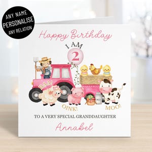 Carte personnalisée joyeux 2e anniversaire de tracteur de ferme pour filles, tous les noms et parents, deux ans, petite-fille nièce, oink baa moo J'ai 2 ans
