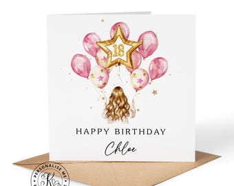 Tarjeta de cumpleaños número 18 personalizada para ella, globos rosa dorado, cualquier nombre, parentesco, hija, nieta, hermana, sobrina, amiga, cabello rubio.