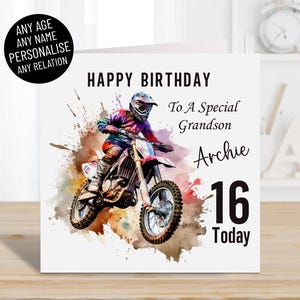 Cartão de feliz aniversário personalizado para motociclistas de motociclistas adolescentes, qualquer idade e nome, qualquer parentesco, filho, neto, sobrinho, 13, 14, 15, 16 e 17 anos