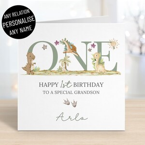Carte personnalisée de 1er anniversaire de dinosaure pour garçons, tous les noms et parents, un an, fils, petit-fils, neveu, frère, dino jurassique, carte de voeux
