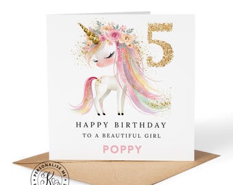 Tarjeta de cumpleaños personalizada de unicornio arcoíris para niñas de cualquier edad, nombre, parentesco, hija, nieta, sobrina, hermana, 2º, 3º, 4º, 5º, 6º, 7º cumpleaños.