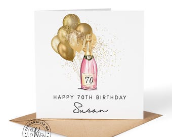 Tarjeta de feliz 70 cumpleaños personalizada para ella, botella de champán rosa, cualquier nombre, parentesco, edad 70 años, damas, mujeres, tarjeta, abuela, hermana, amiga