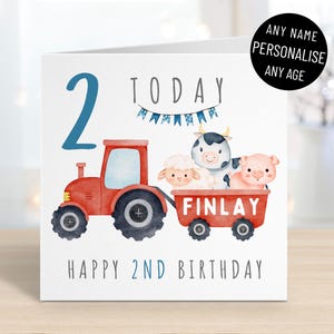 Carte personnalisée de joyeux anniversaire de tracteur de ferme pour les garçons, tous les âges et tous les noms, animal cochon mouton vache, enfants enfants, 1er 2e 3e 4e, carte de voeux
