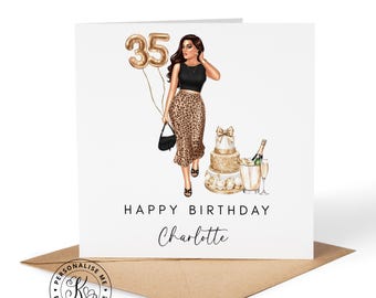 Tarjeta de cumpleaños personalizada con estampado de leopardo para ella, de cualquier edad: 21, 25, 30 o 40 años. Apta para cualquier parentesco. Elige el color del pelo.