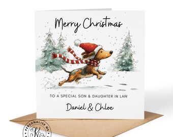 Tarjeta navideña personalizada de perro salchicha (Dachshund) con cualquier nombre y parentesco. Feliz Navidad, hijo, hija, nieto, nieta política.